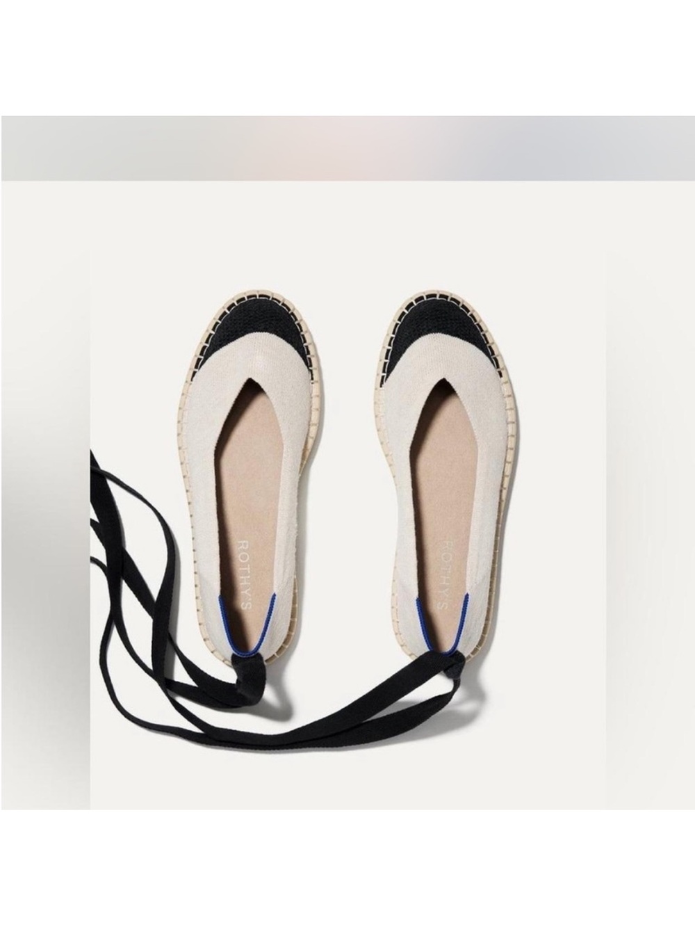 Rothy's Cream Espadrille Flats with Black Toe Cap and Ankle Tie